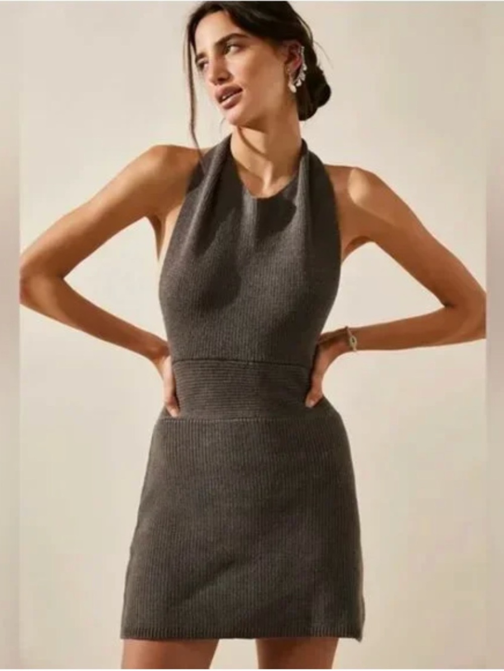 Free People Ribbed Halter Mini Dress in Charcoal Gray